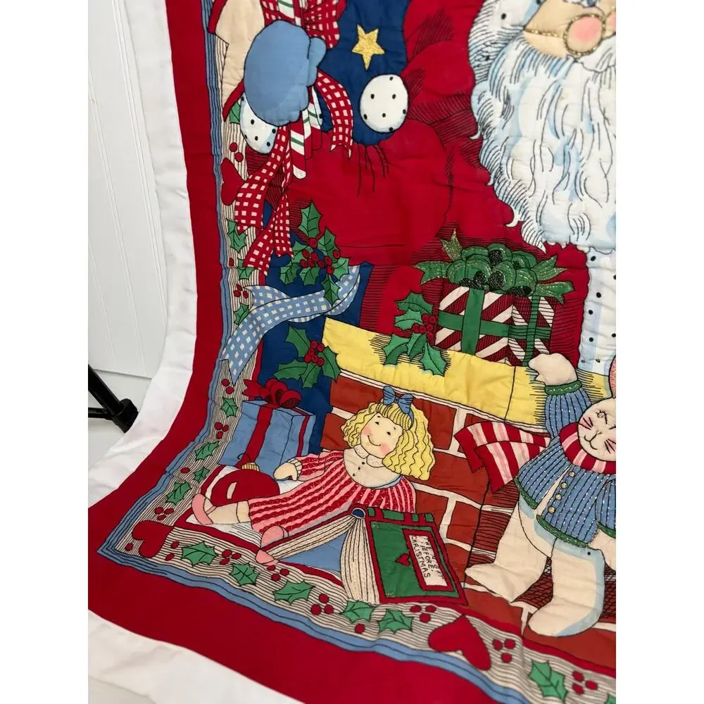 VINTAGE Christmas Santa Claus Wallhanging Screen Print Decoration Holiday 37”x46